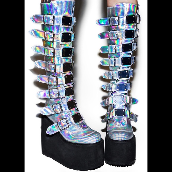 Dolls Kill Shoes - Demonia x Dollskill hologram trinity boots